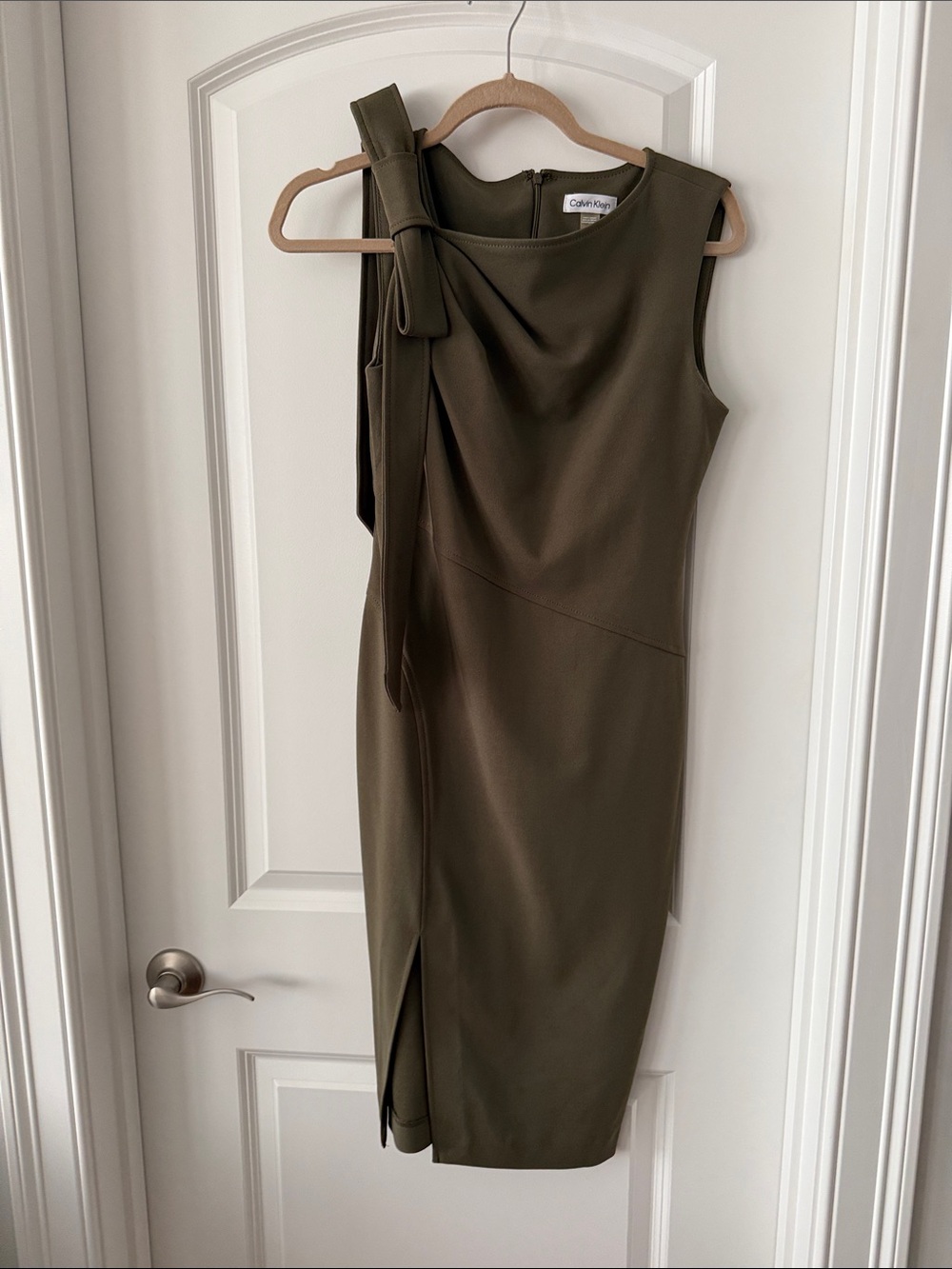 Calvin Klein Olive Knot-Shoulder Sleeveless Midi Dress